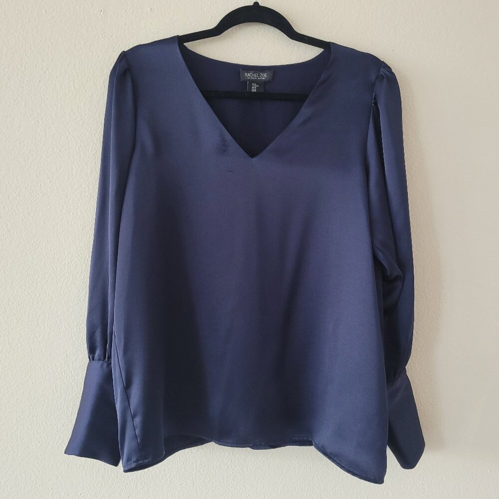 RACHEL ZOE Blue Long Sleeve Satin Silky V Neck Lined Blouse Top Women Size M